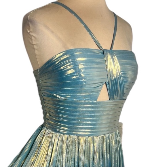 Stacees Sky Blue Gold Metallic Shimmer Floor Length gown with side slit size 2 - Picture 8 of 12